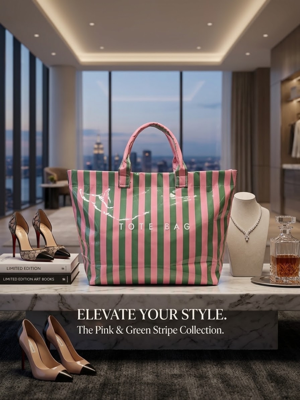 Striped Pink & Green Tote Bag with Glossy Finish Brand New!